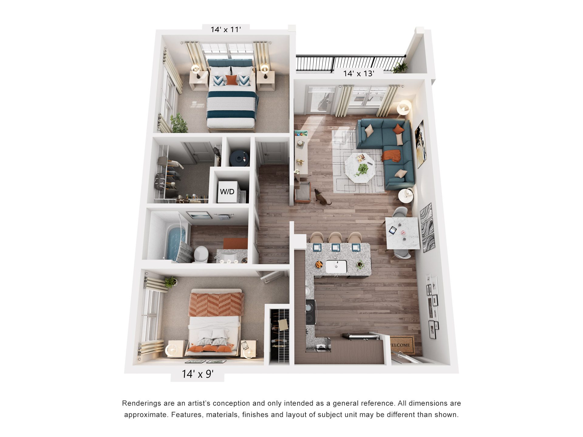 Floor plan for 2 beds, 1 bath, 902 sqft